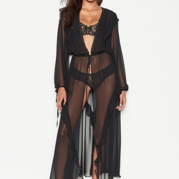 NEW XS/S VERY SEXY Plunge Ruffle Robe Kimono Long Studded - Picture 3 of 10